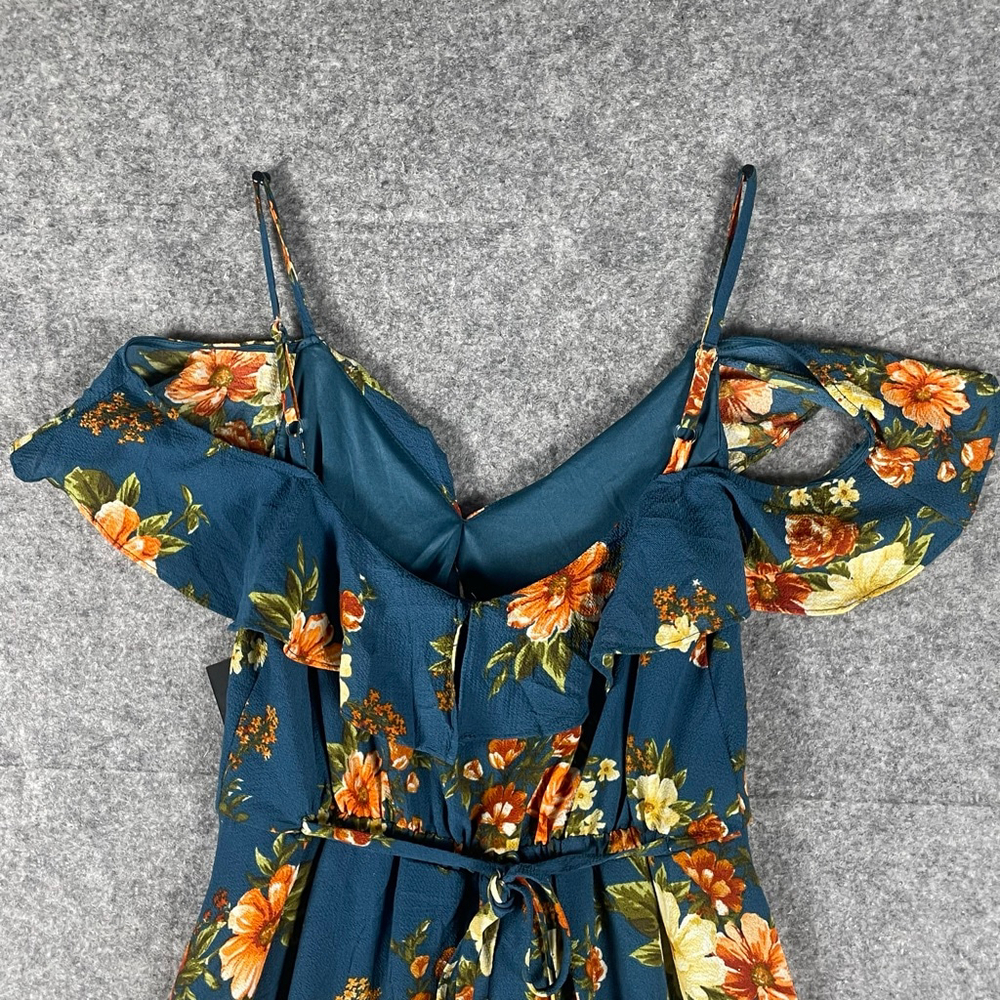 By & By NWT Women’s Floral High-Low Maxi Dress Teal Cold Shoulder Boho Ruffle XS - Picture 6 of 12